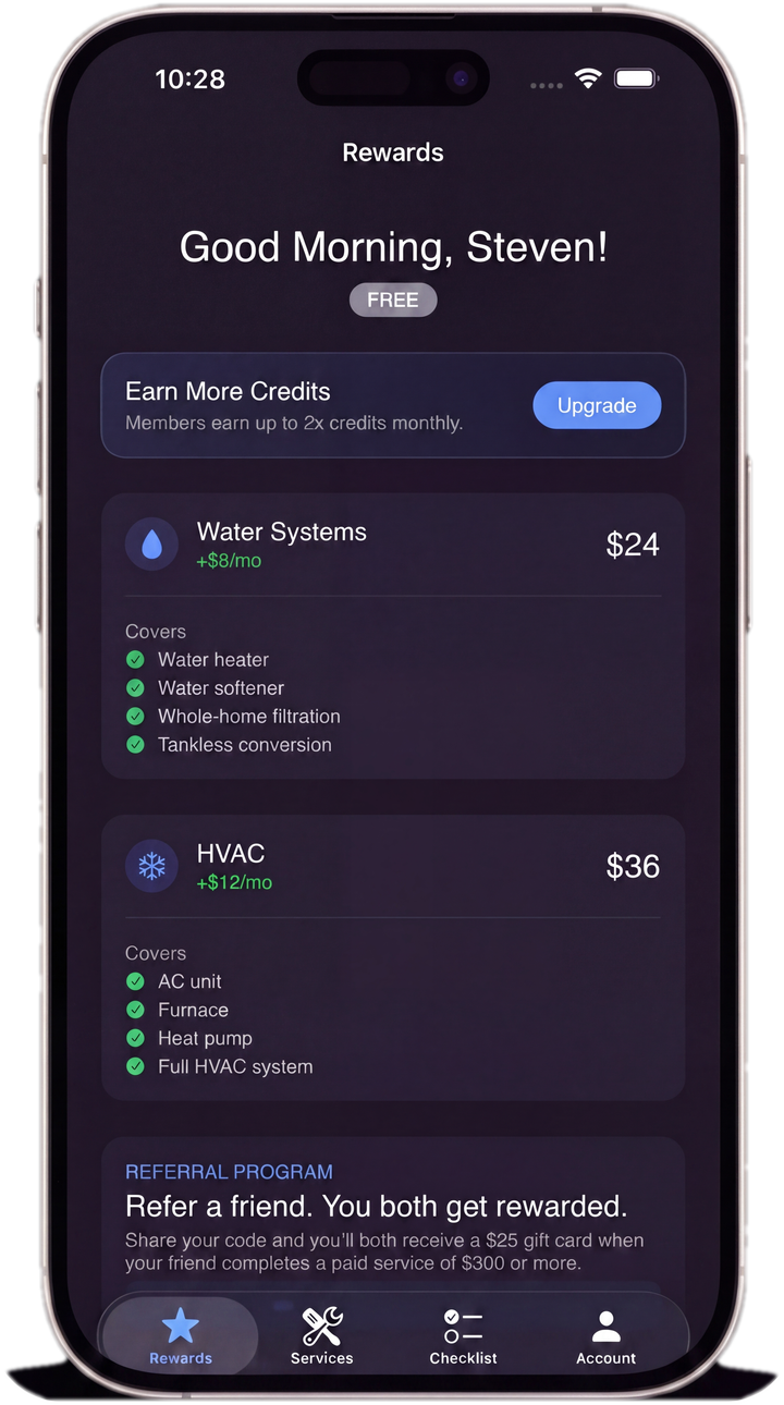 Rewards screen — plumbing credit, HVAC credit