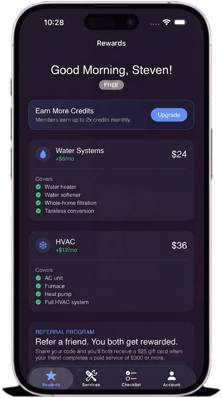 Rewards screen — plumbing credit, HVAC credit