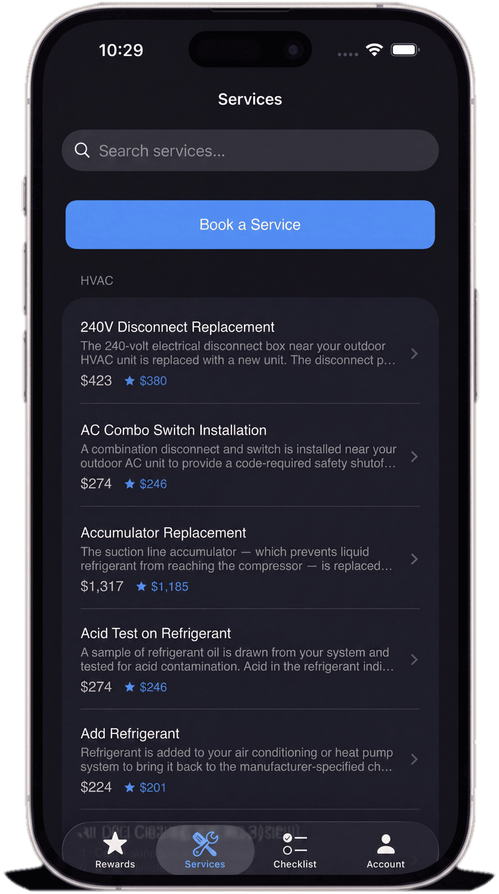 Services screen