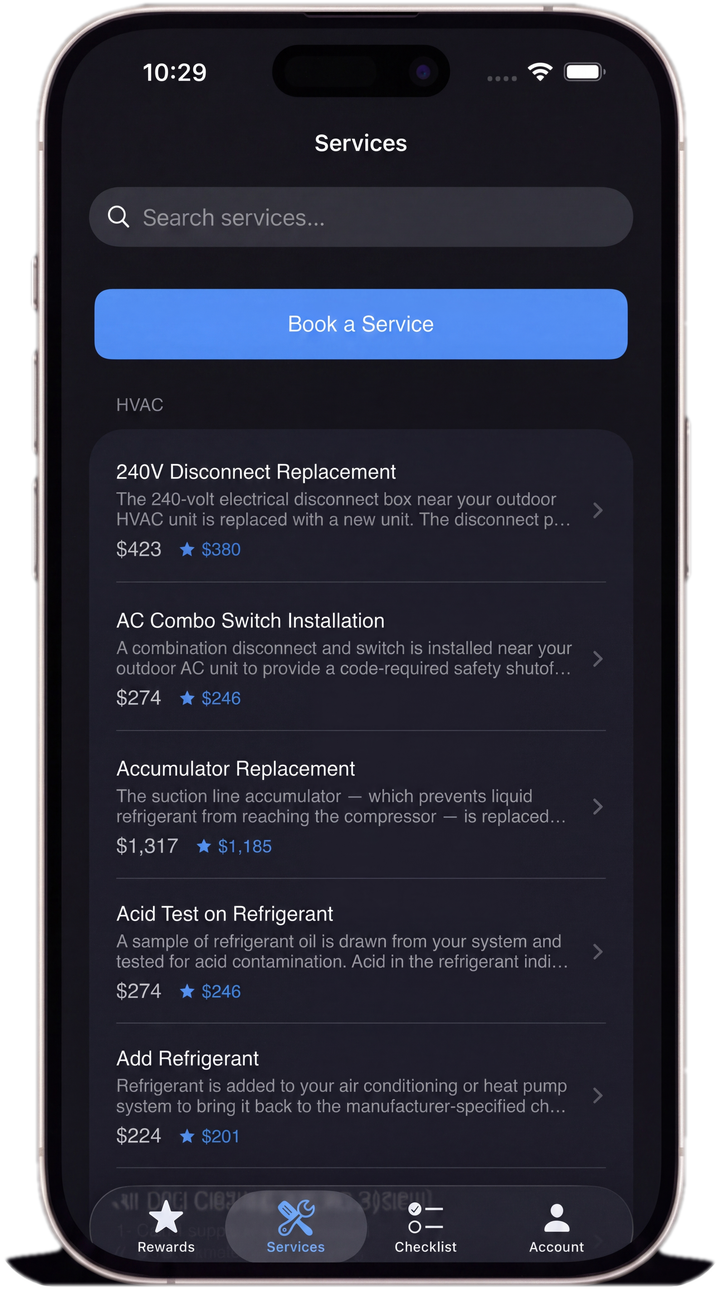Services screen